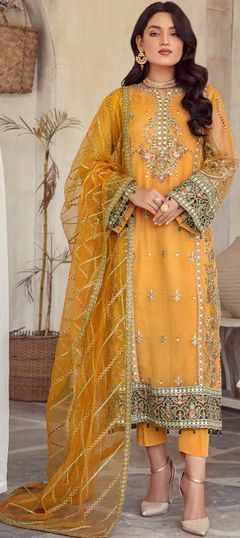 Yellow color Salwar Kameez in Organza Silk fabric with Embroidered, Mirror work