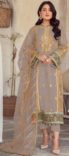 Black and Grey color Salwar Kameez in Organza Silk fabric with Embroidered, Mirror work