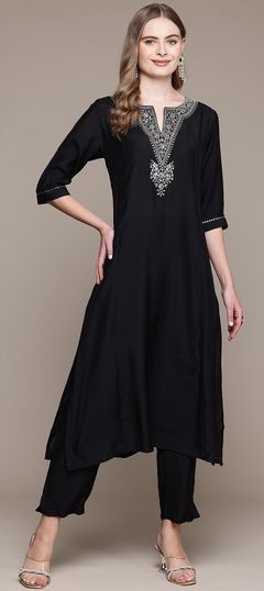 Festive, Party Wear Black and Grey color Salwar Kameez in Silk fabric with Straight Embroidered, Sequence, Thread, Zari work : 1939863