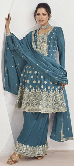 Blue color Salwar Kameez in Silk fabric with Embroidered, Sequence, Thread, Zari work