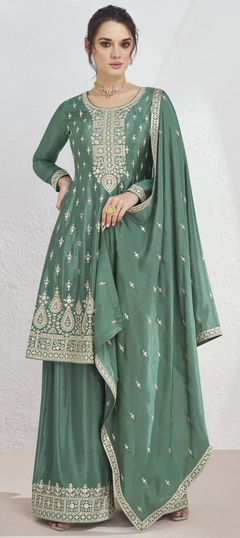 Green color Salwar Kameez in Silk fabric with Embroidered, Sequence, Thread work