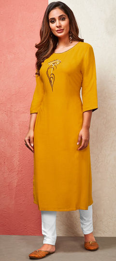 Yellow color Salwar Kameez in Rayon fabric with Embroidered work