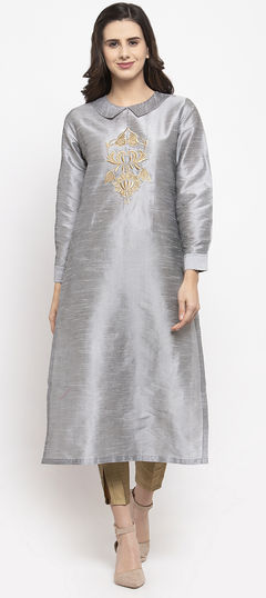 Black and Grey color Salwar Kameez in Dupion Silk fabric with Embroidered work