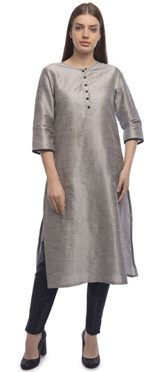 Black and Grey color Salwar Kameez in Dupion Silk fabric with Thread work