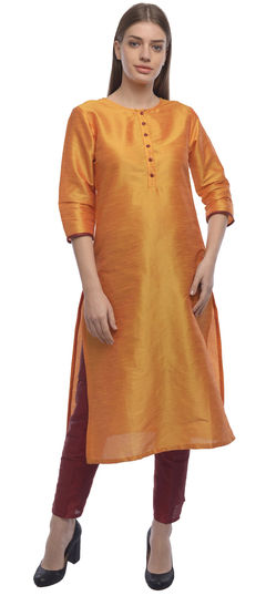 Orange color Salwar Kameez in Dupion Silk fabric with Thread work