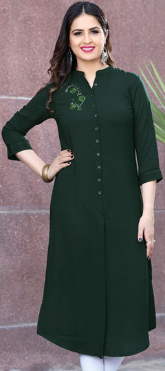 Green color Kurti in Rayon fabric with Embroidered work