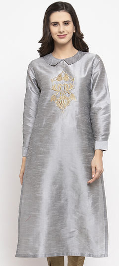 Black and Grey color Kurti in Dupion Silk fabric with Embroidered work