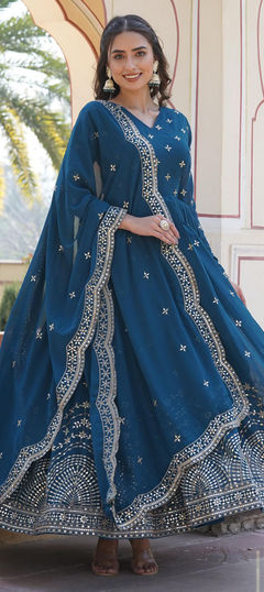 Festive, Wedding Blue color Gown in Faux Georgette fabric with Embroidered, Sequence, Thread work : 1939895