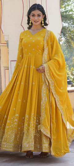 Festive, Wedding Yellow color Gown in Faux Georgette fabric with Embroidered, Sequence, Thread work : 1939896