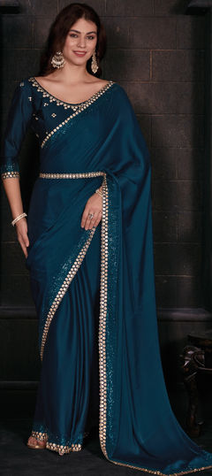 Festive, Reception Blue color Saree in Georgette fabric with Classic Zircon work : 1939920