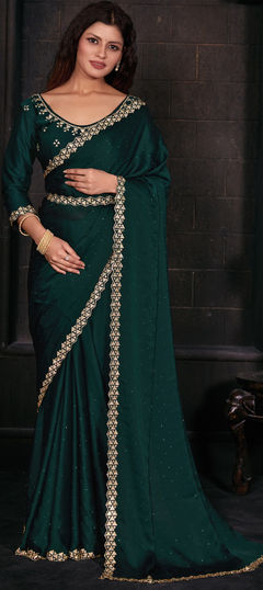 Green color Saree in Georgette fabric with Zircon work