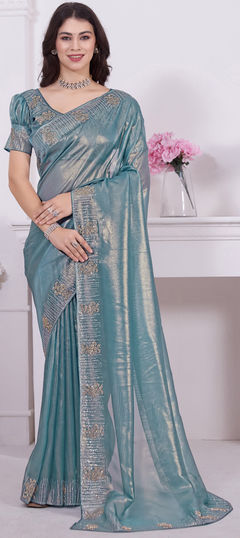 Blue color Saree in Shimmer fabric with Zircon work