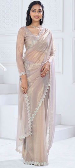 White and Off White color Saree in Organza Silk fabric with Stone, Swarovski work