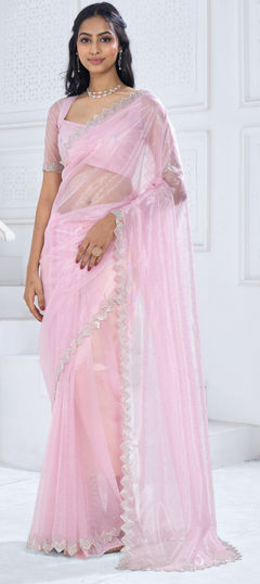 Pink and Majenta color Saree in Organza Silk fabric with Stone, Swarovski work