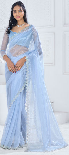 Blue color Saree in Organza Silk fabric with Stone, Swarovski work