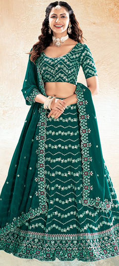 Green color Lehenga in Georgette fabric with Sequence, Thread work