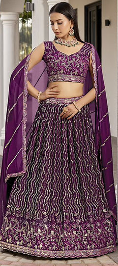 Purple and Violet color Lehenga in Georgette fabric with Sequence, Thread work