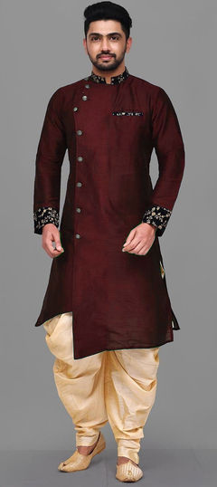 Red and Maroon color IndoWestern Dress in Dupion Silk fabric with Embroidered, Thread work