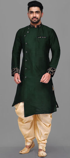 Green color IndoWestern Dress in Dupion Silk fabric with Embroidered, Thread work