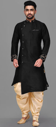 Black and Grey color IndoWestern Dress in Dupion Silk fabric with Embroidered, Thread work