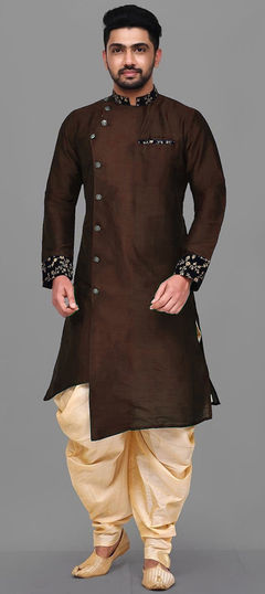 Beige and Brown color IndoWestern Dress in Dupion Silk fabric with Embroidered, Thread work