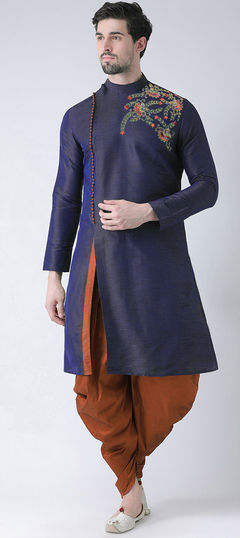 Blue color IndoWestern Dress in Dupion Silk fabric with Embroidered, Thread work