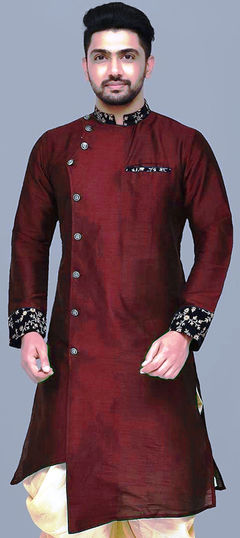 Red and Maroon color Kurta in Dupion Silk fabric with Embroidered, Thread work