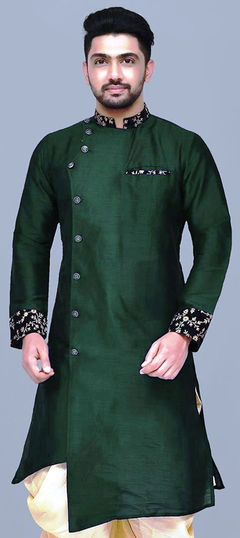 Green color Kurta in Dupion Silk fabric with Embroidered, Thread work