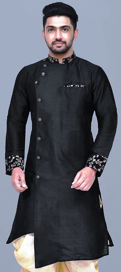 Black and Grey color Kurta in Dupion Silk fabric with Embroidered, Thread work