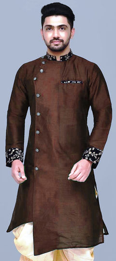 Beige and Brown color Kurta in Dupion Silk fabric with Embroidered, Thread work