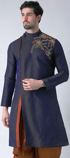 Blue color Kurta in Dupion Silk fabric with Embroidered, Thread work