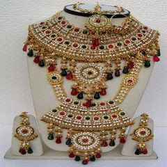 Gold Rodium Polish Green, Red and Maroon color Bridal Jewelry in Metal Alloy studded with Cubic Zirconia, Kundan