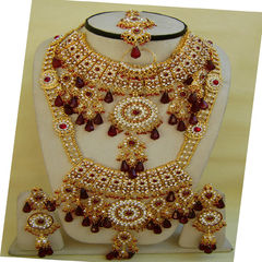 Gold Rodium Polish Red and Maroon color Bridal Jewelry in Metal Alloy studded with Cubic Zirconia, Kundan