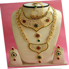 Gold Rodium Polish Green, Red and Maroon color Bridal Jewelry in Metal Alloy studded with Cubic Zirconia, Kundan
