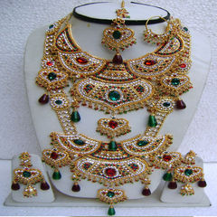 Gold Rodium Polish Green, Red and Maroon color Bridal Jewelry in Metal Alloy studded with Cubic Zirconia, Kundan