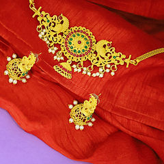 Gold Rodium Polish Green, Red and Maroon color Necklace in Brass studded with Pearl