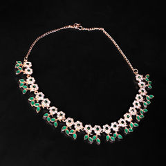 Gold Rodium Polish Green, White and Off White color Necklace in Brass studded with Crystal, CZ Diamond
