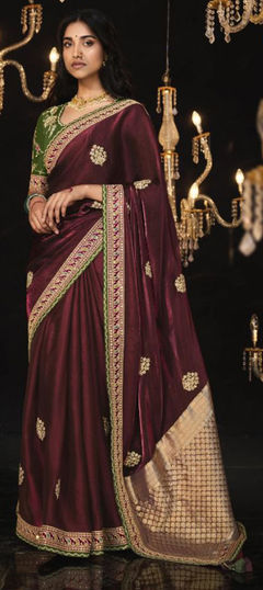 Engagement, Reception, Wedding Red and Maroon color Saree in Silk fabric with South Embroidered, Sequence, Thread, Zari work : 1940277