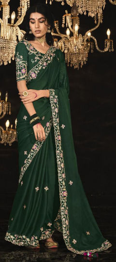 Green color Saree in Silk fabric with Embroidered, Sequence, Thread, Zari work