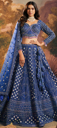 Blue color Ready to Wear Lehenga in Net fabric with Embroidered, Resham, Sequence, Thread work