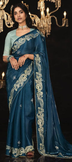 Blue color Saree in Silk fabric with Embroidered, Sequence, Thread, Zari work