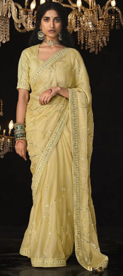 Engagement, Reception, Wedding Yellow color Saree in Silk fabric with South Embroidered, Sequence, Thread, Zari work : 1940295