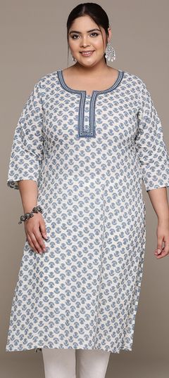 Summer Blue color Kurti in Cotton fabric with Straight Floral, Printed, Resham, Sequence, Thread work : 1940305