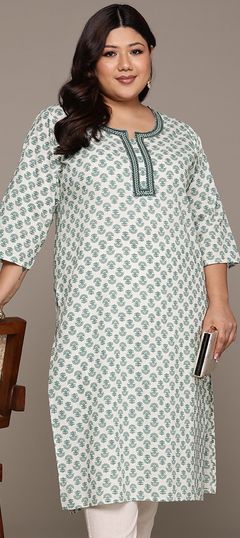 Green color Kurti in Cotton fabric with Floral, Printed, Resham, Sequence, Thread work