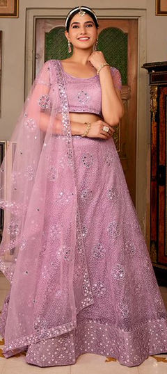 Festive, Reception, Wedding Pink and Majenta color Lehenga in Net fabric with Flared Embroidered, Sequence, Thread work : 1940308