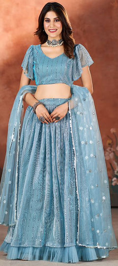 Festive, Reception, Wedding Blue color Lehenga in Net fabric with Flared Sequence work : 1940314