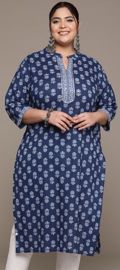 Blue color Kurti in Cotton fabric with Cut Dana, Printed, Thread work