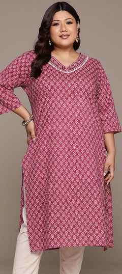 Red and Maroon color Kurti in Cotton fabric with Lace, Printed, Resham, Thread work