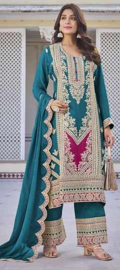 Blue color Salwar Kameez in Silk fabric with Embroidered, Stone, Thread, Zari work