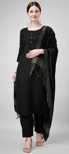 Black and Grey color Salwar Kameez in Blended Cotton fabric with Embroidered, Sequence, Thread work